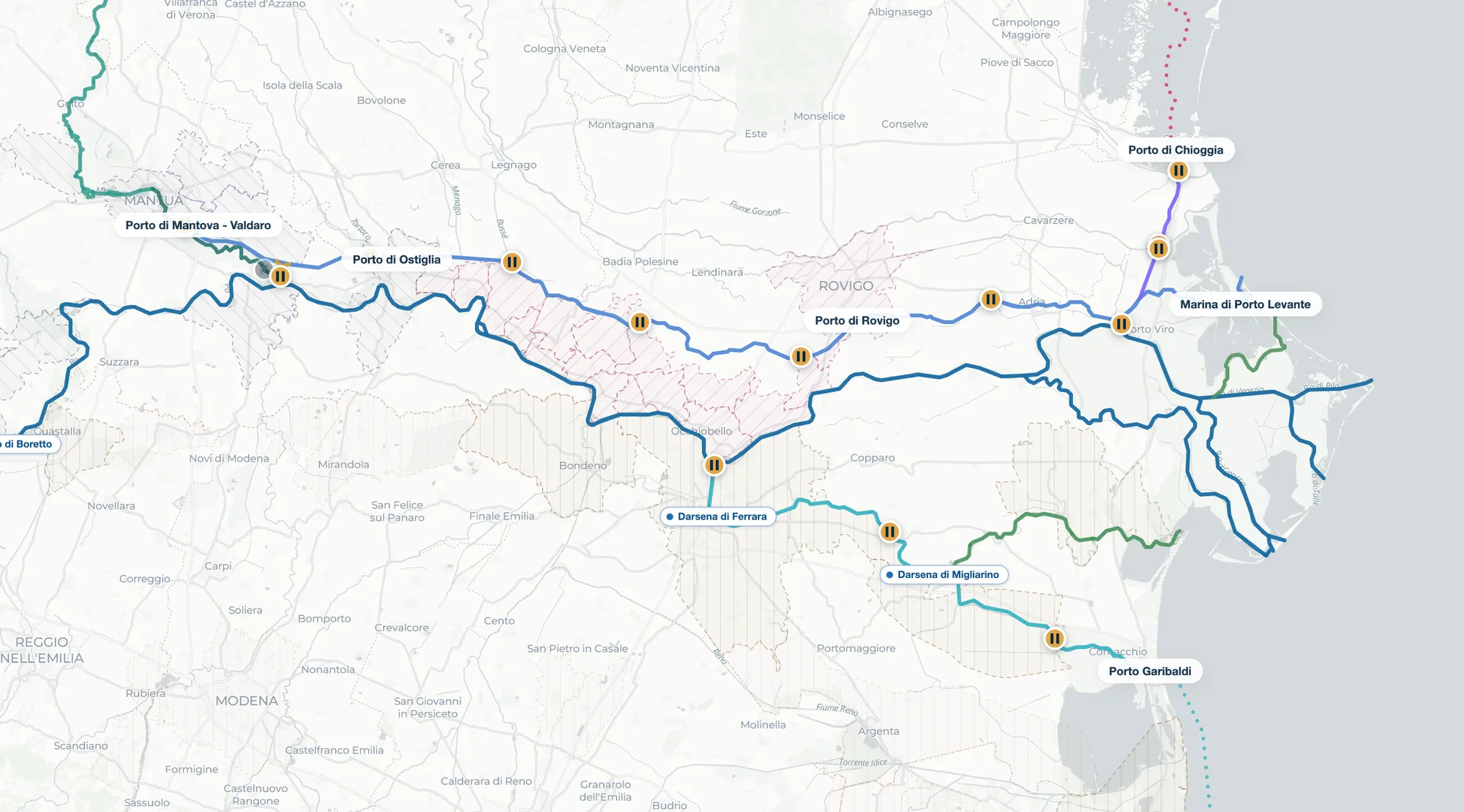Mappa delle vie d'acqua e dei porti del Nord-Est con Porto di Ostiglia, Rovigo, Chioggia e Marina di Porto Levante, collegati da linee blu e viola